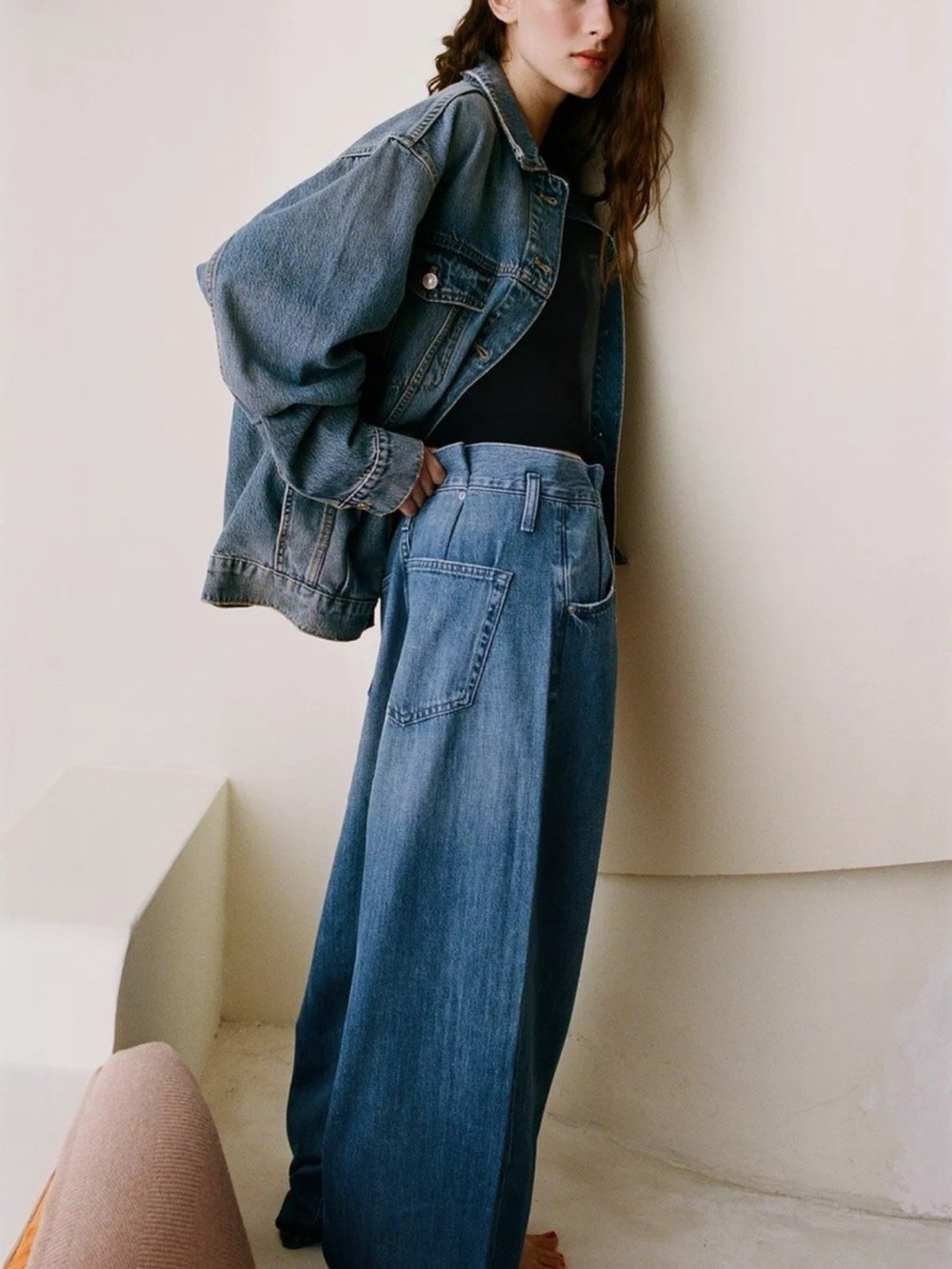 Zara Waist Bag Wide-Leg High-Rise Blue Denim Jeans - Picture 2 of 10